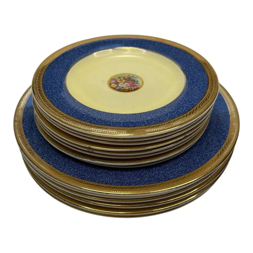 14 pc Crown Ducal Roma Pattern Gold Rim Salad and Dinner Plates Floral